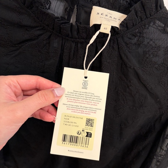 BNWT Sézane Valentine Black Embroidered Blouse US 8 FR 40 Long-Sleeve Sheer Mock - Picture 7 of 7